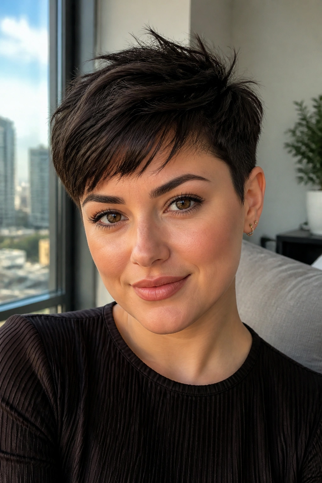 Real person with espresso pixie and tapered sides