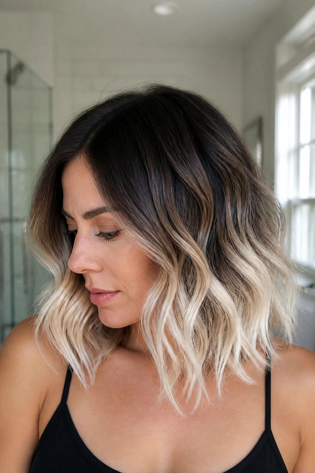 Close-up of espresso to platinum ombre on shoulder-length waves in a bright bathroom