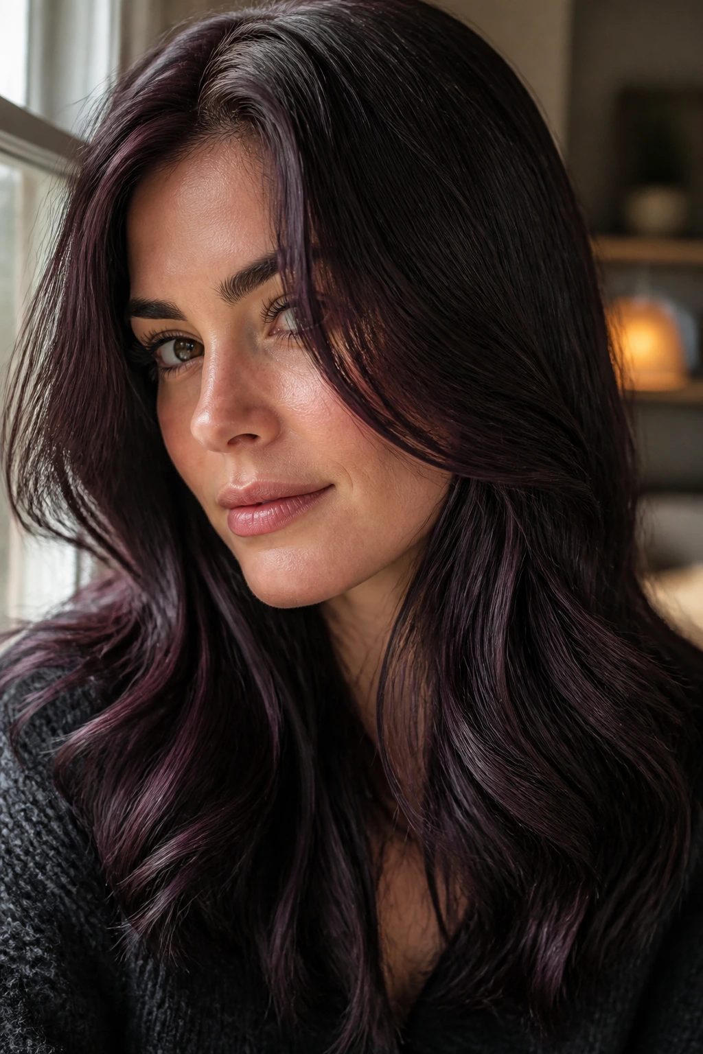 Close-up of a real woman with Espresso Plum Brunette hair showing violet mid-length glint