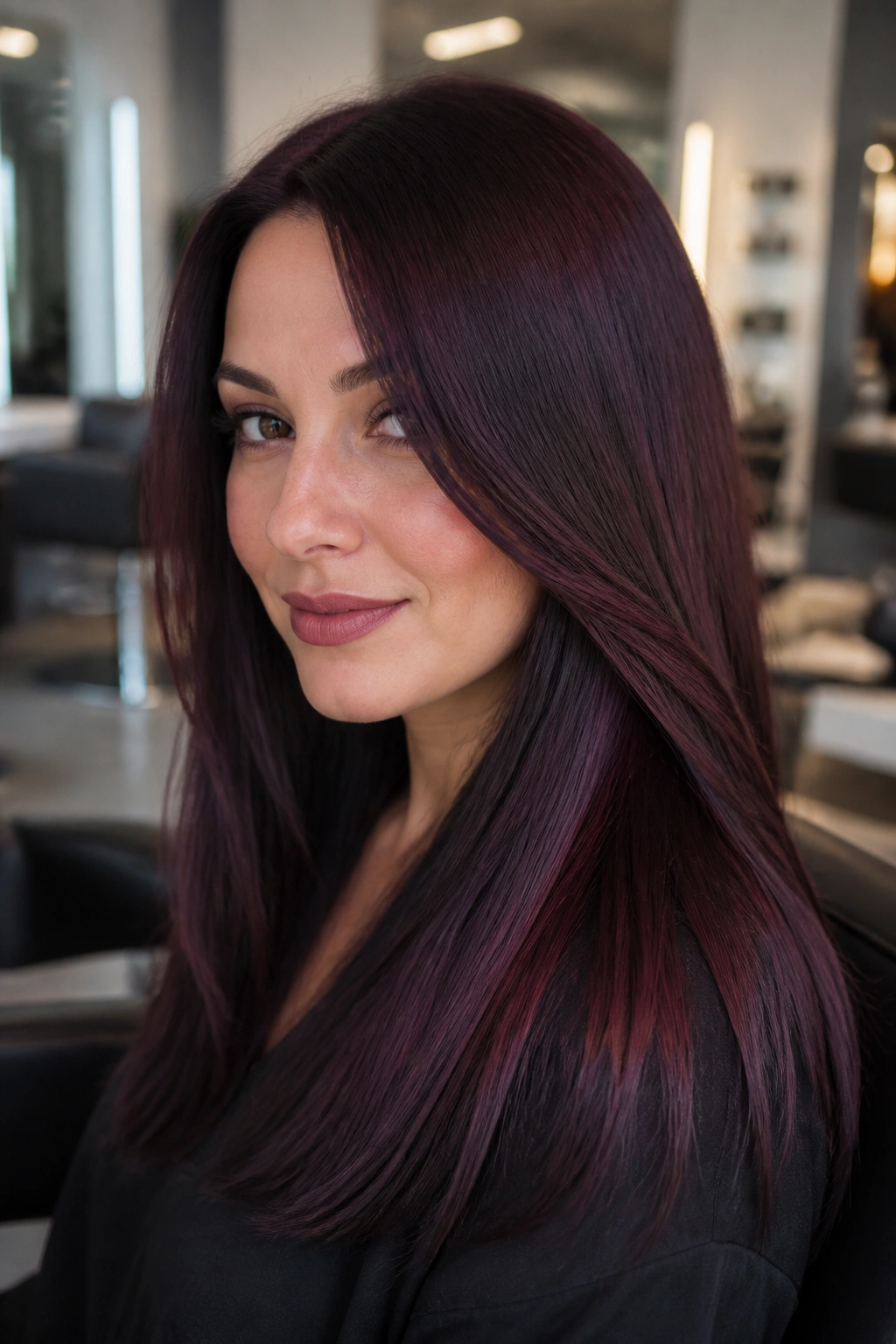 Close-up portrait of a real woman with espresso plum hair showing cool red-purple undertones