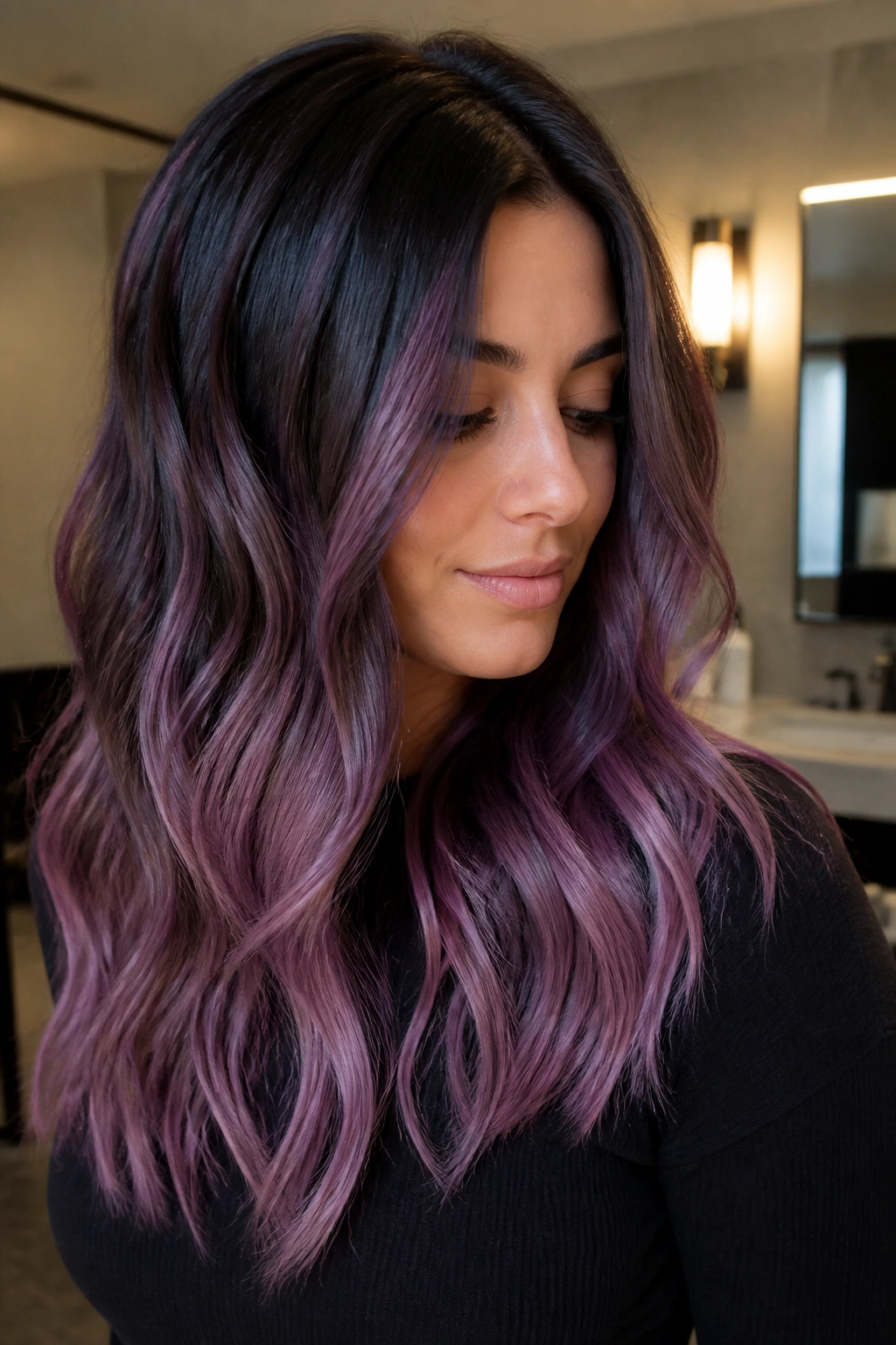 Close-up of a real woman with deep espresso base and plum-lilac ribbon melt through mid-lengths.