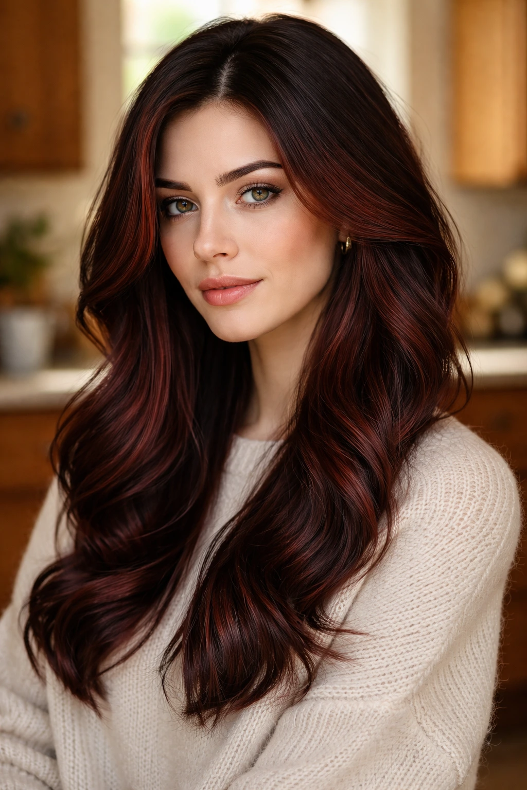 Close-up portrait of a real woman with espresso-red blend hair in a warm kitchen