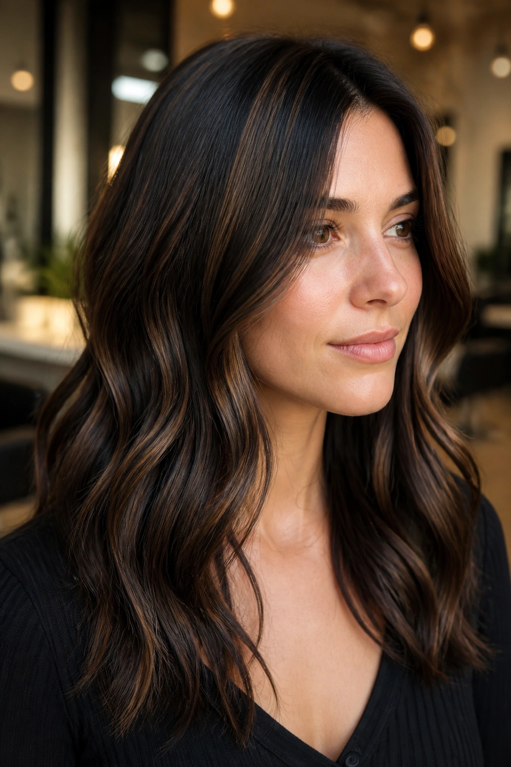 Close-up of brunette hair with espresso ribbon lowlights for depth