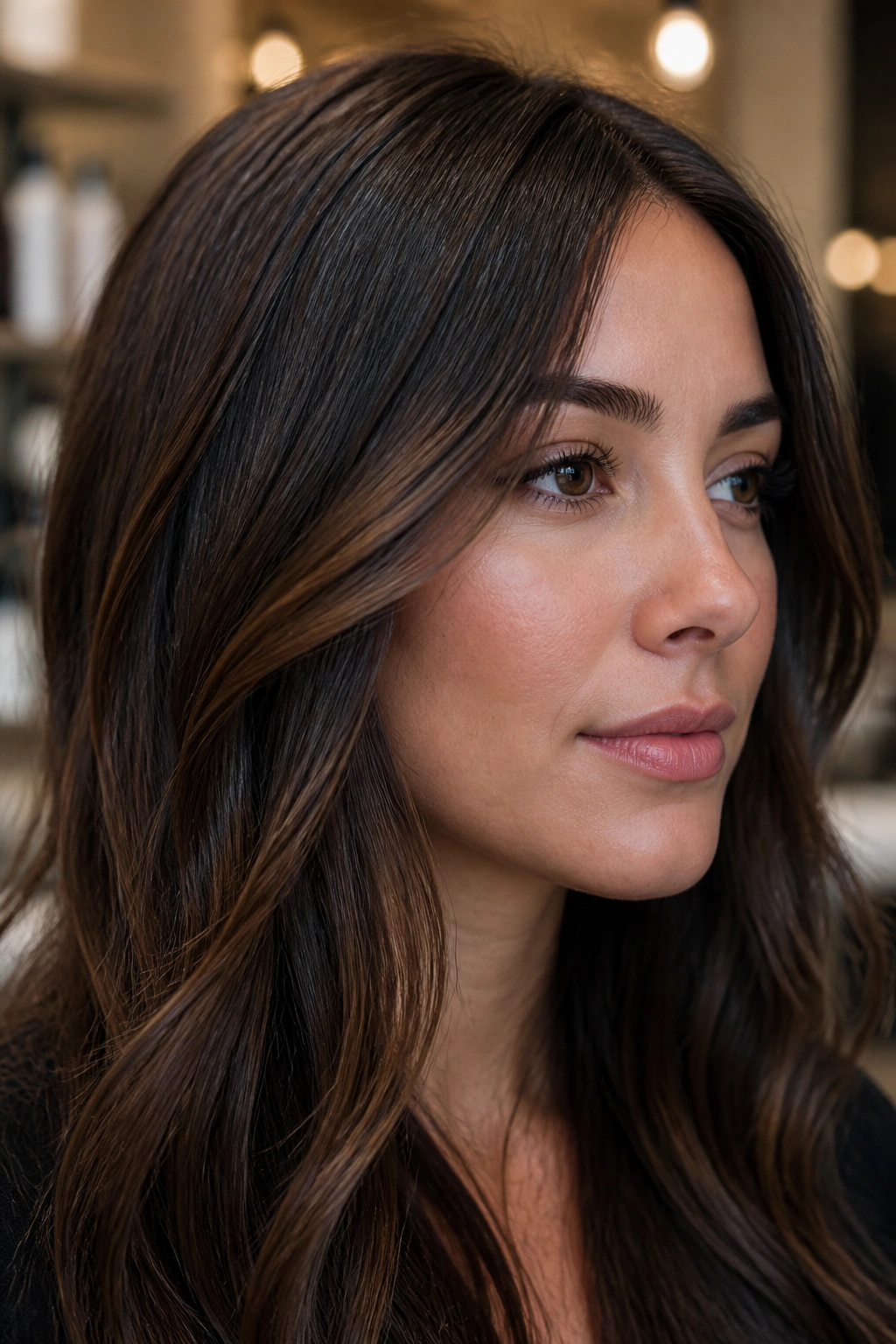 Close-up of a real woman with thin espresso ribbons along the cheekbone on dark brown hair