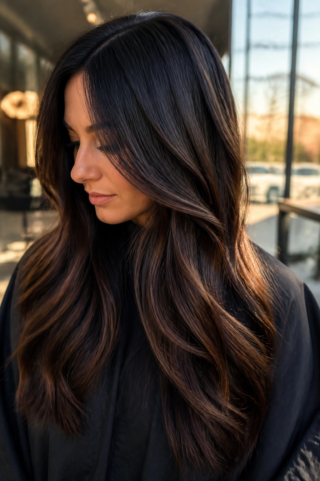 Close-up of deep brunette hair with fine espresso ribbons woven through mid-lengths for added density and shine