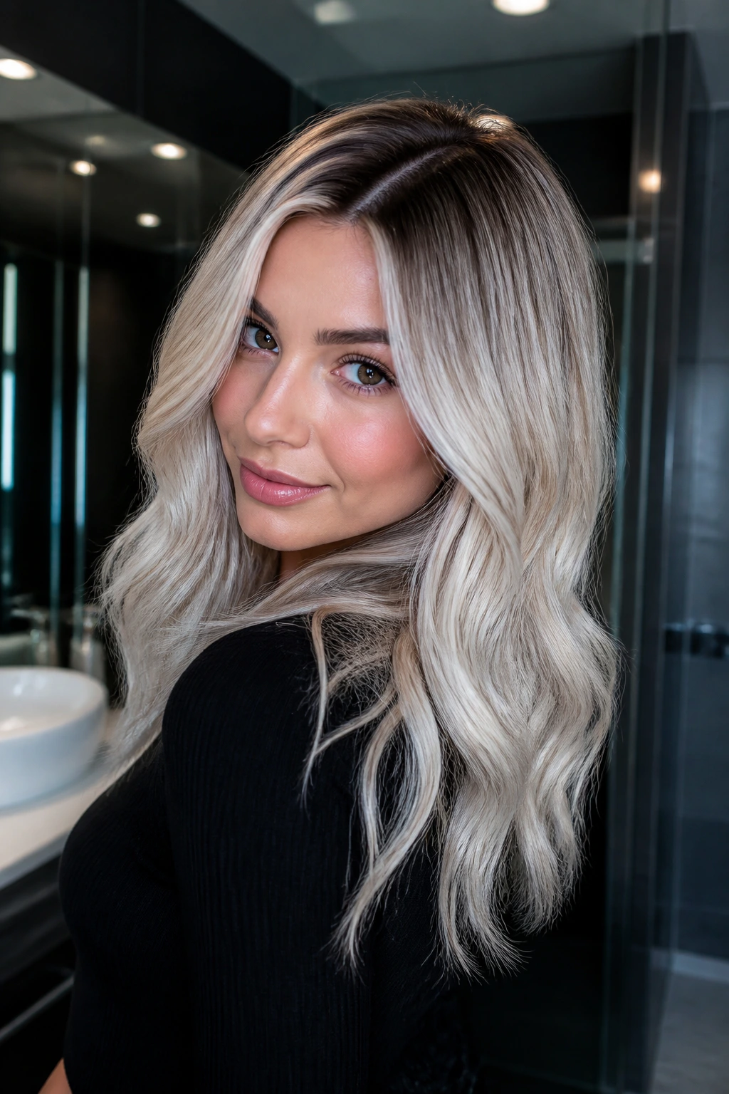 Close-up of a real woman with espresso roots on ice blonde ends in a cool-toned bathroom.