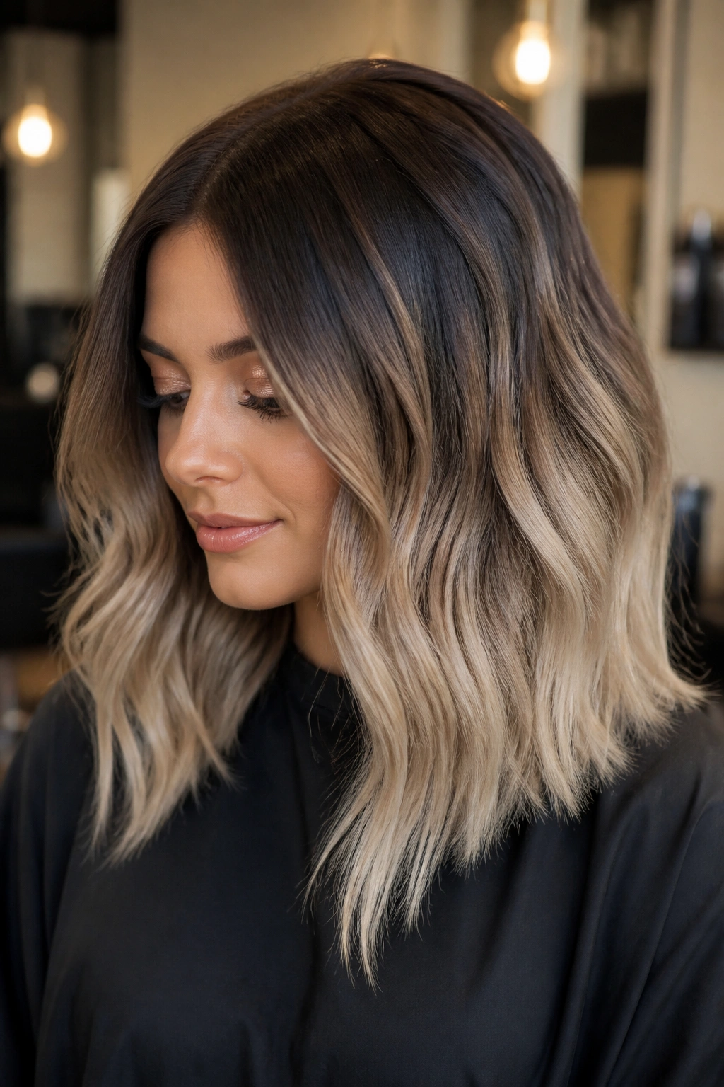 Portrait of a woman with espresso root melt balayage.