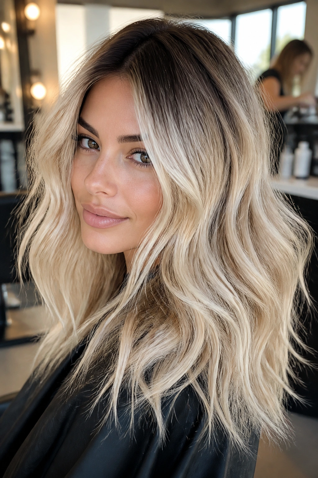 Close-up portrait of a real person showing espresso root melt on blonde hair