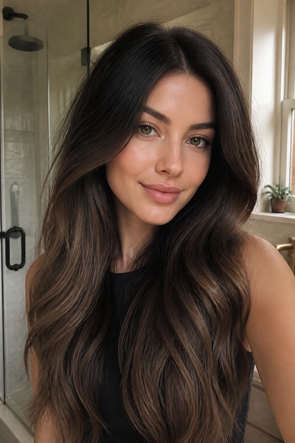 Close-up portrait of a real person with espresso root melt fading to cool mocha ends
