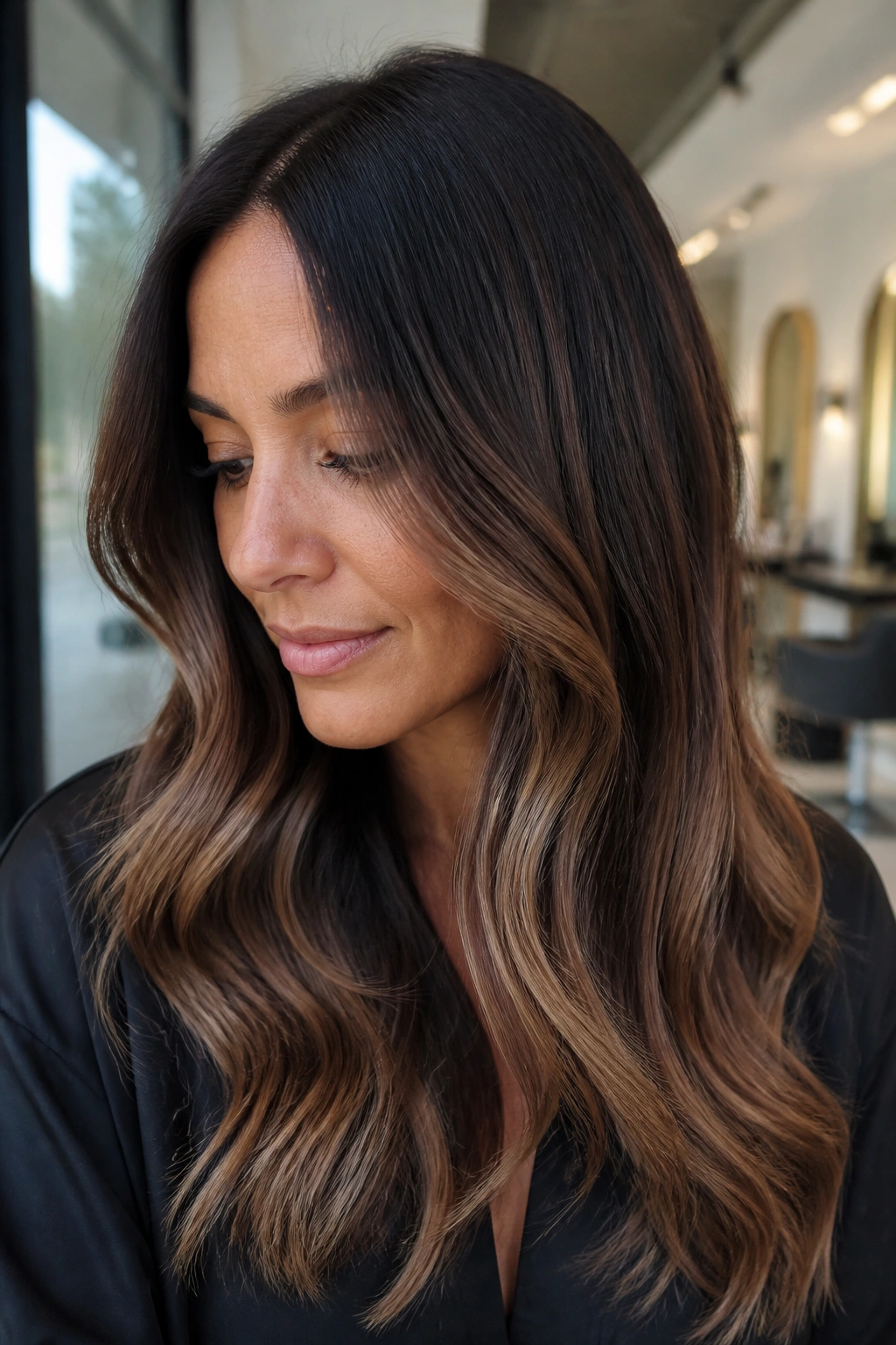 Portrait of a woman with espresso roots and mocha midlengths.
