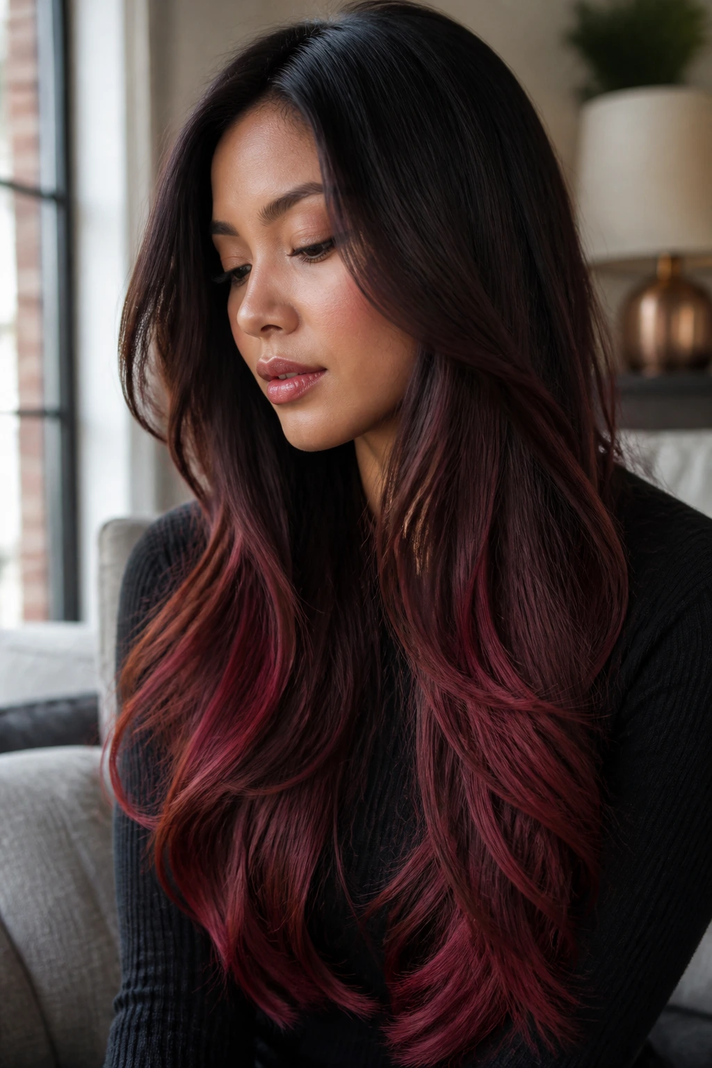 Close-up of long hair from espresso to rosewood lengths on a real woman