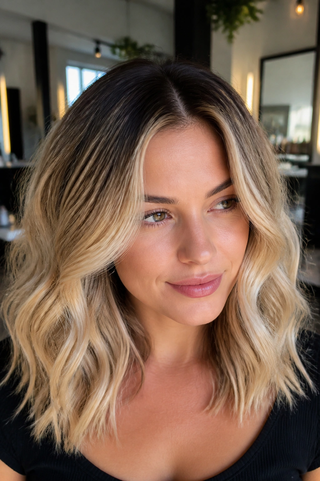 Close-up portrait of a real woman showing a deep espresso root blending into blonde hair