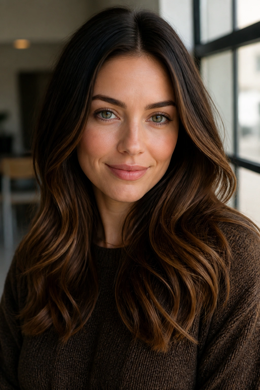 Portrait of a woman with espresso shadow root and chestnut lengths