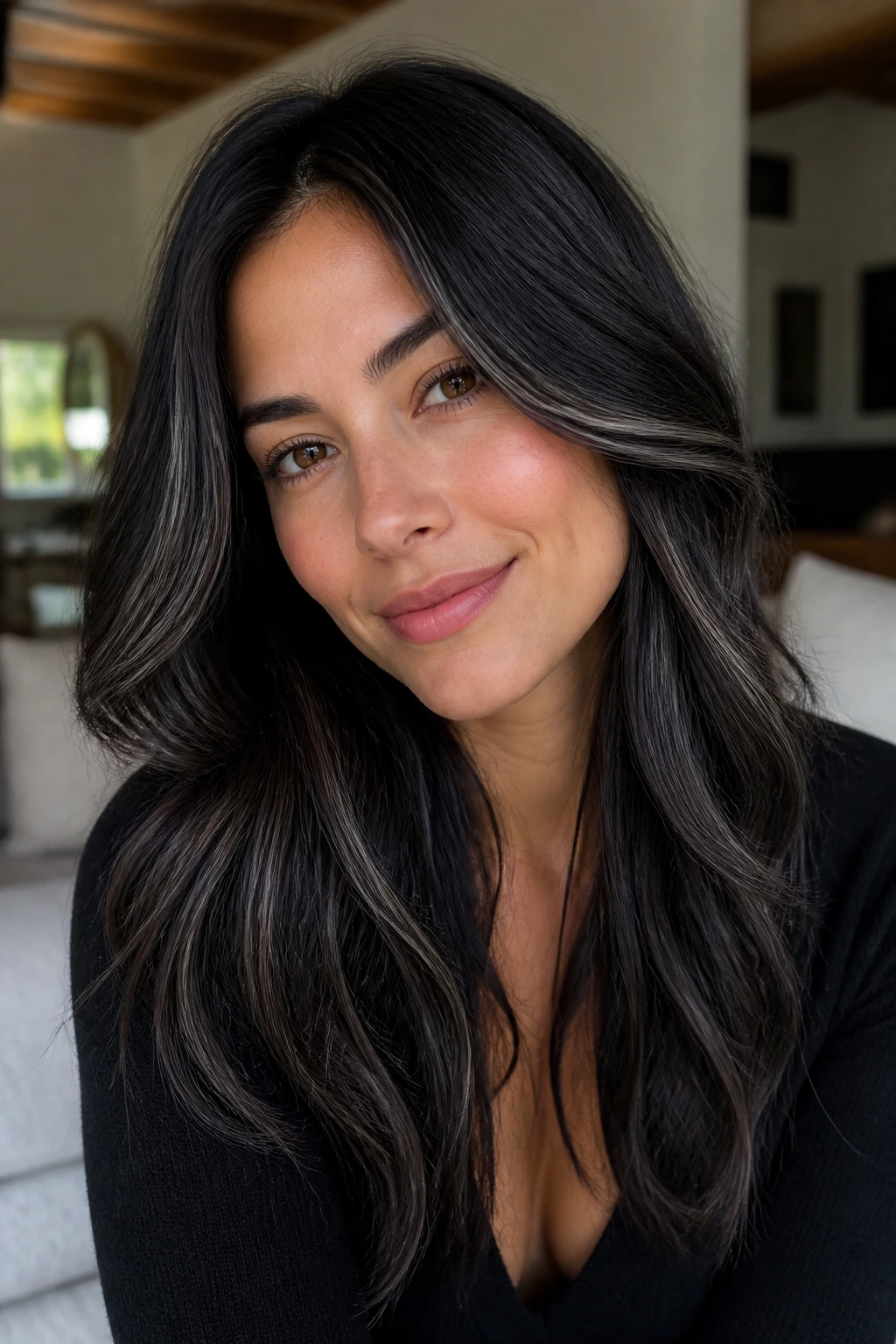Close-up portrait of a woman with espresso hair and silver babylights