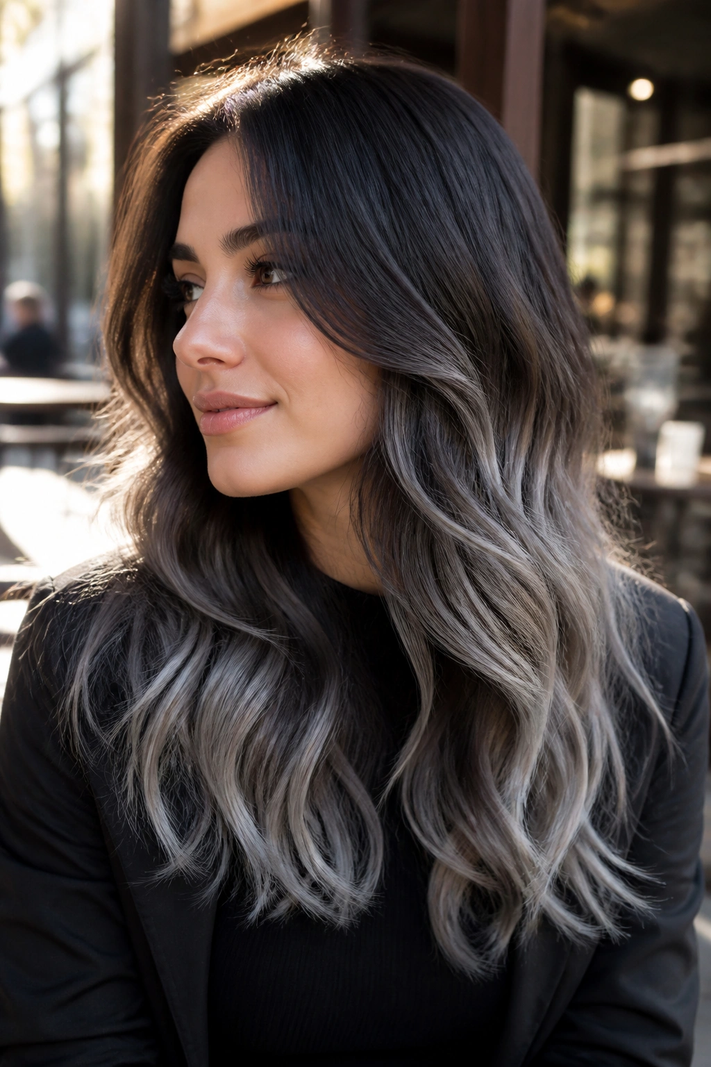 Close-up portrait of a person with espresso base and silver smoke ends hair