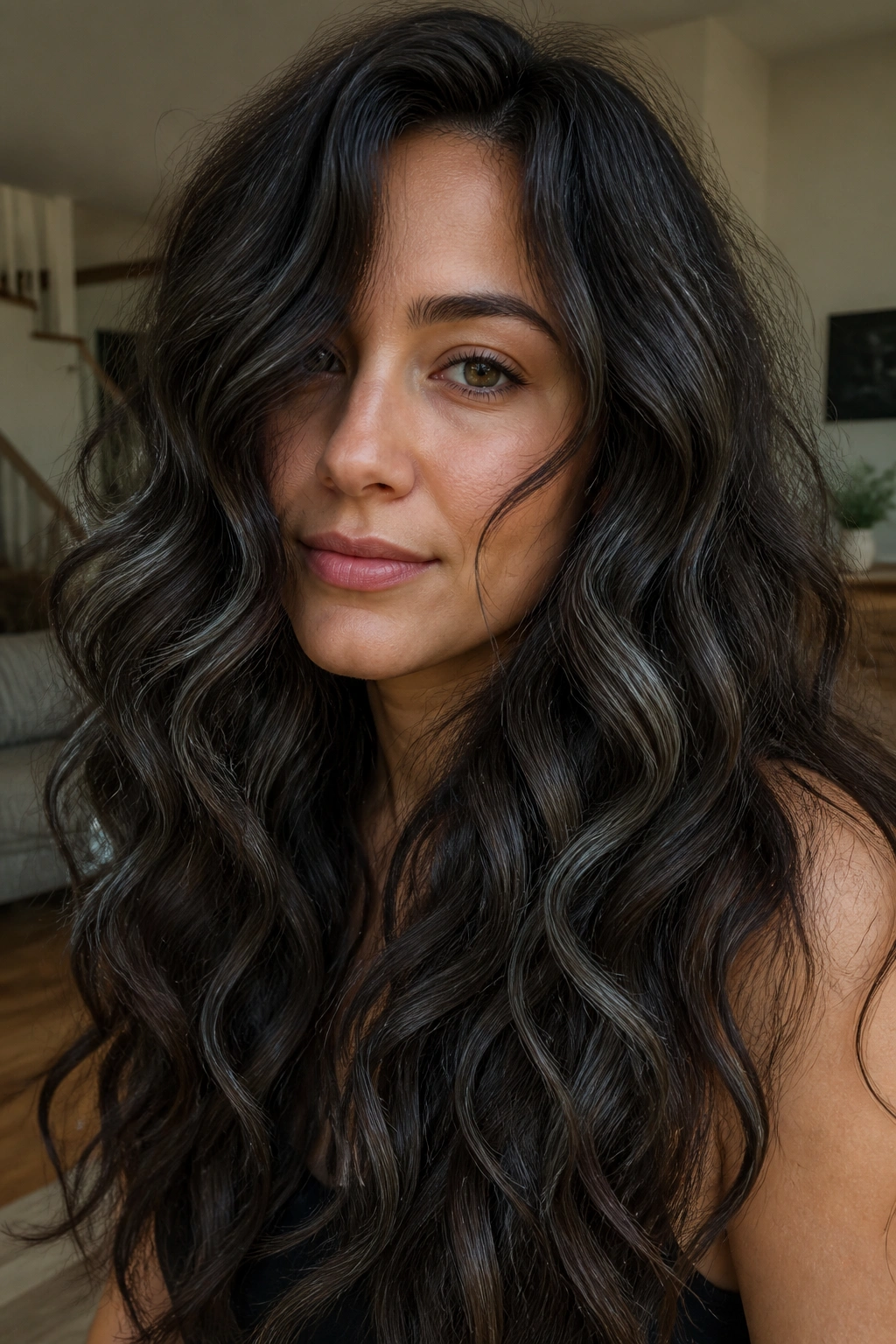 Close-up of a real person with slate lowlights in espresso hair and natural lighting.