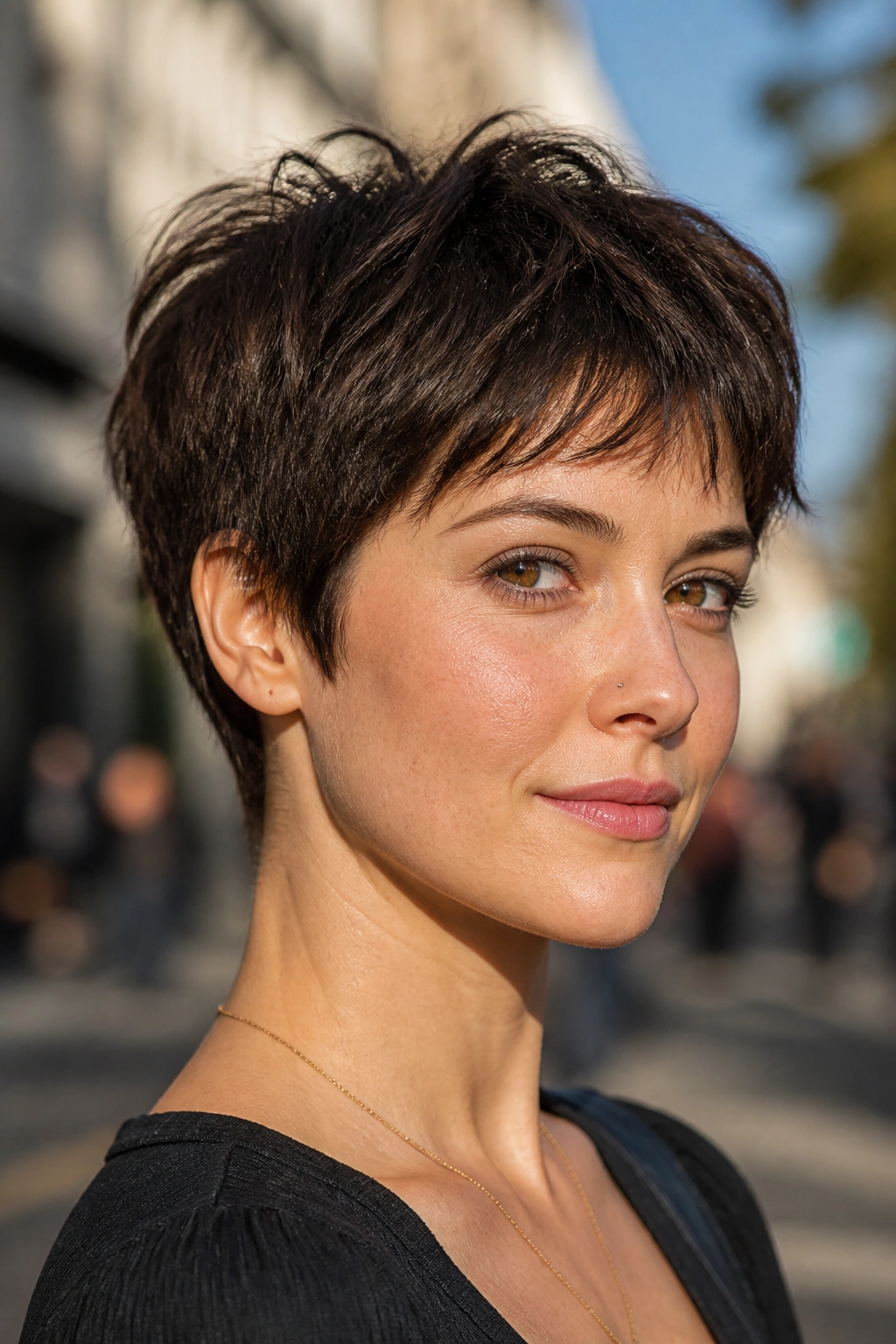Close-up of a real woman with espresso textured crop in bright natural light