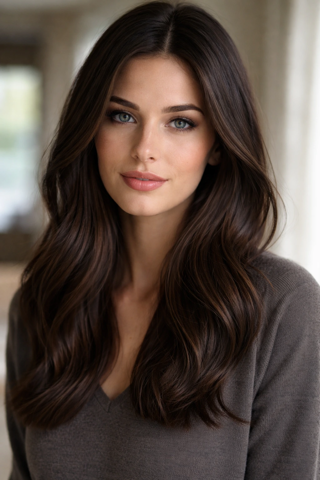 Close-up portrait of Espresso Truffle brown hair on a real person with neutral undertones
