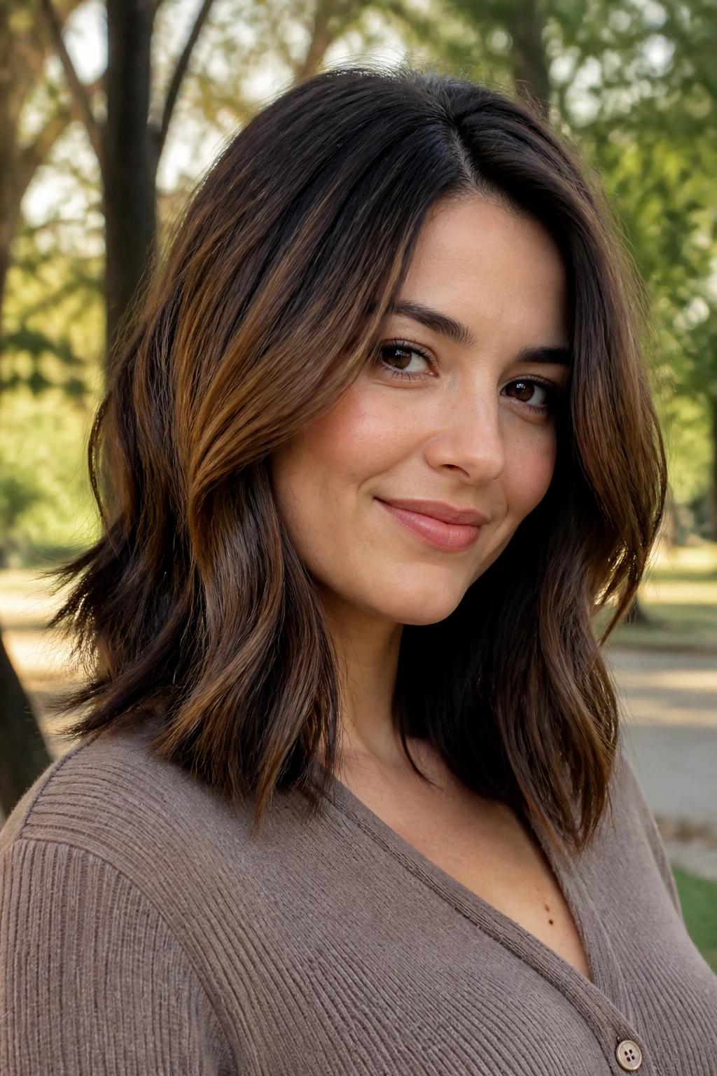 Portrait of a real woman with espresso and walnut dimension in mid-length hair outdoors