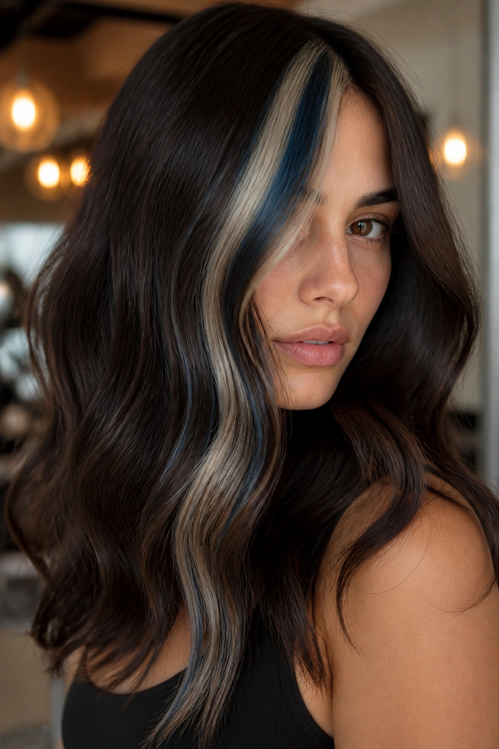 Close-up of espresso-brown waves with platinum and navy stripe lights.