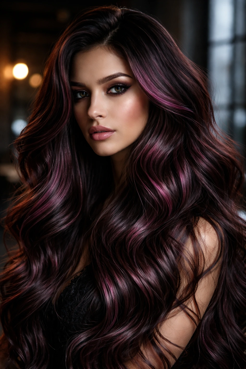Close-up portrait of a real person with espresso hair and plum ribbons.