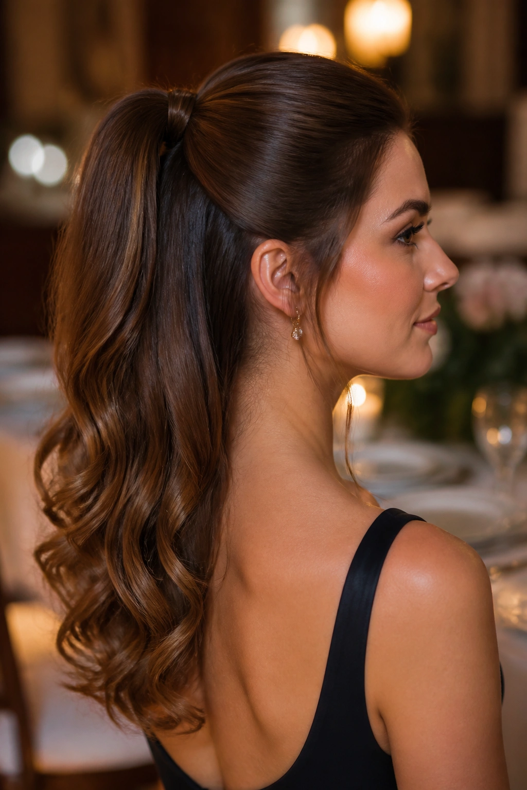 Close-up of a real woman with an evening half-up ponytail and glossy curled ends.