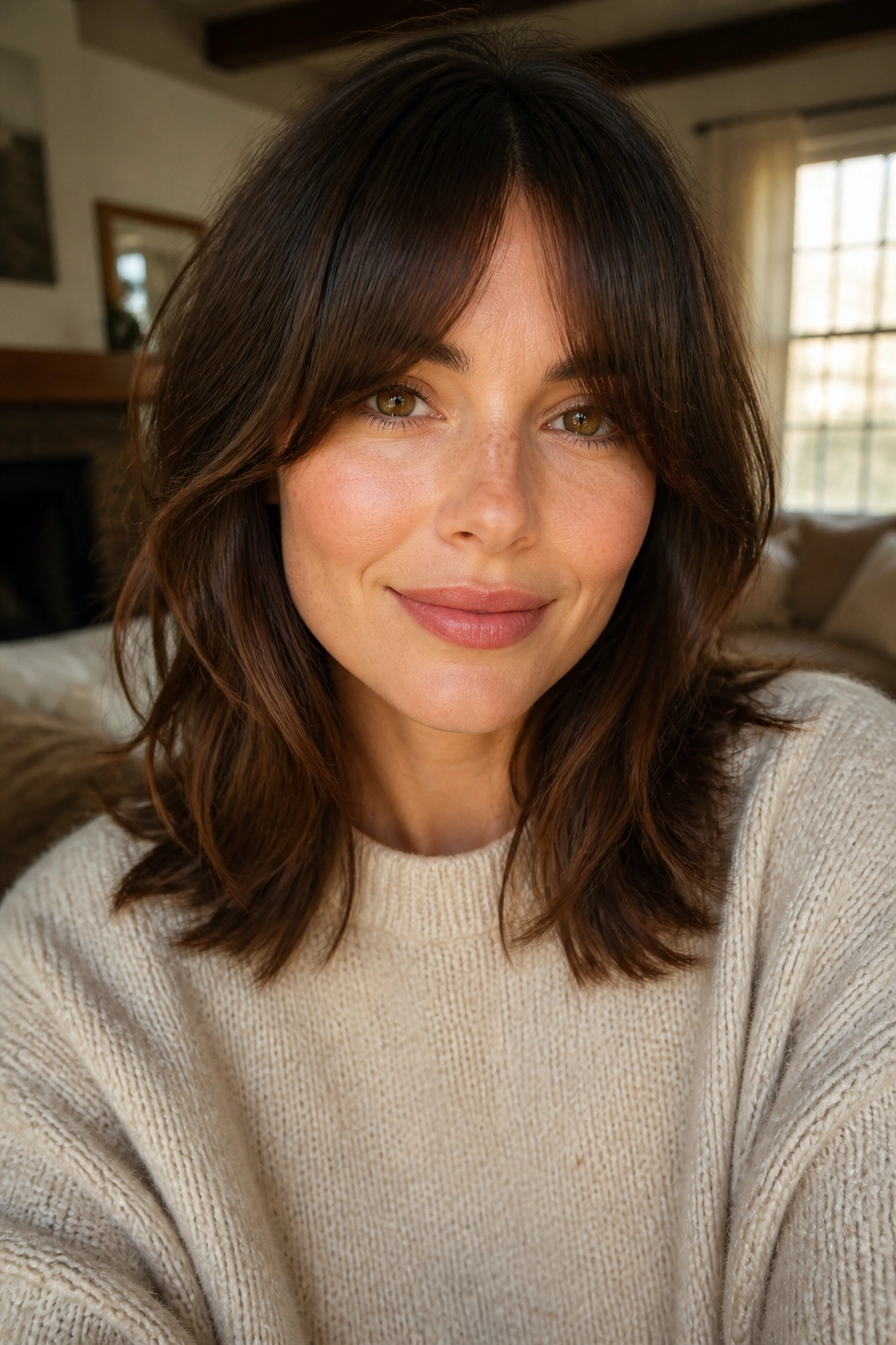 Real woman with soft everyday inversion fringe in a cozy room