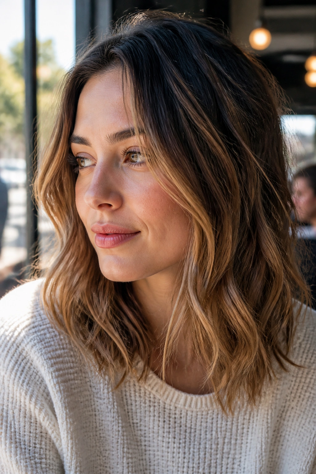 Close-up portrait of a real woman with everyday tousled waves and undone edge