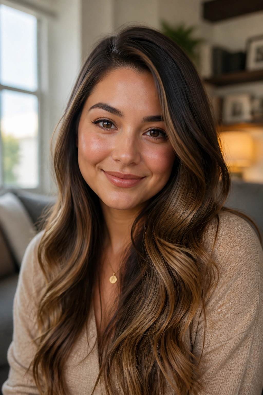 Real woman with long, loose everyday waves and side part
