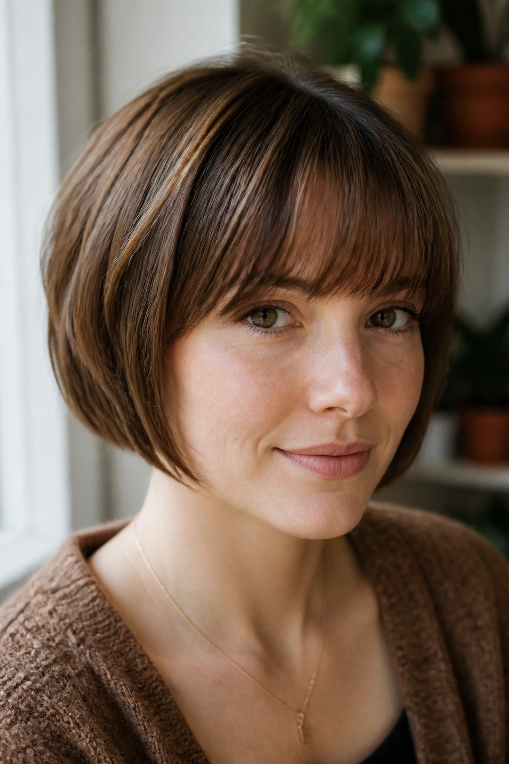 Portrait of a person with an eyebrow-grazing fringe and a graduated bob