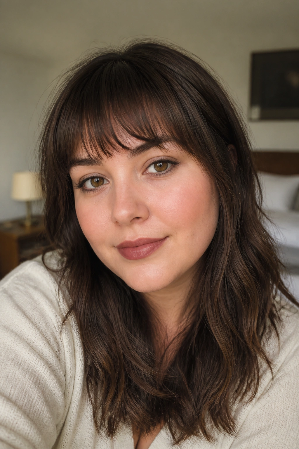 Close-up portrait of a real woman showing eyebrow-skimming choppy bangs