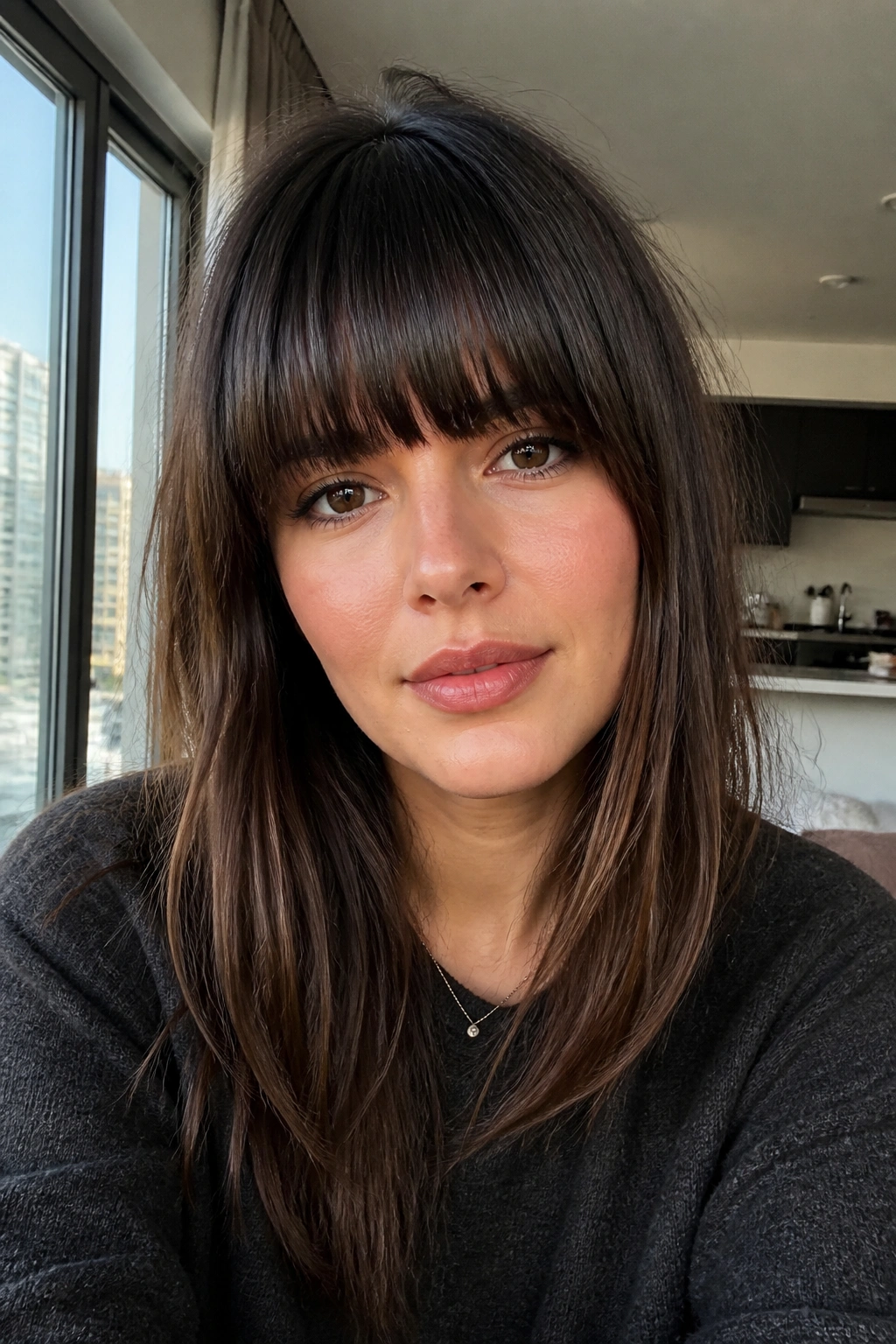 Close-up of a real woman with eyebrow-skimming fringe in a bright urban setting