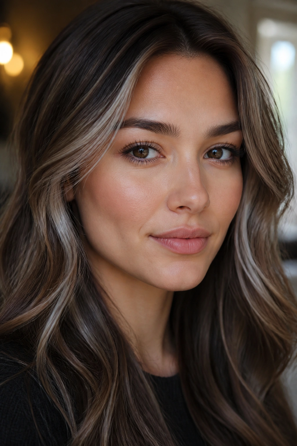Close-up portrait of a real woman with face-contouring brown hair and silver around the cheekbones.