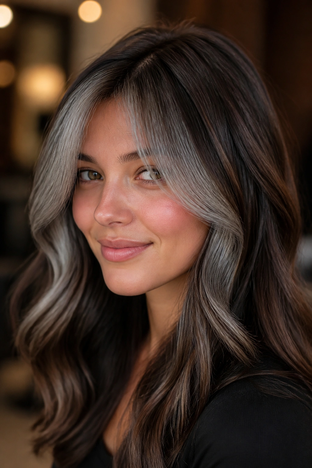 Face-framing grey balayage on brown hair around the forehead