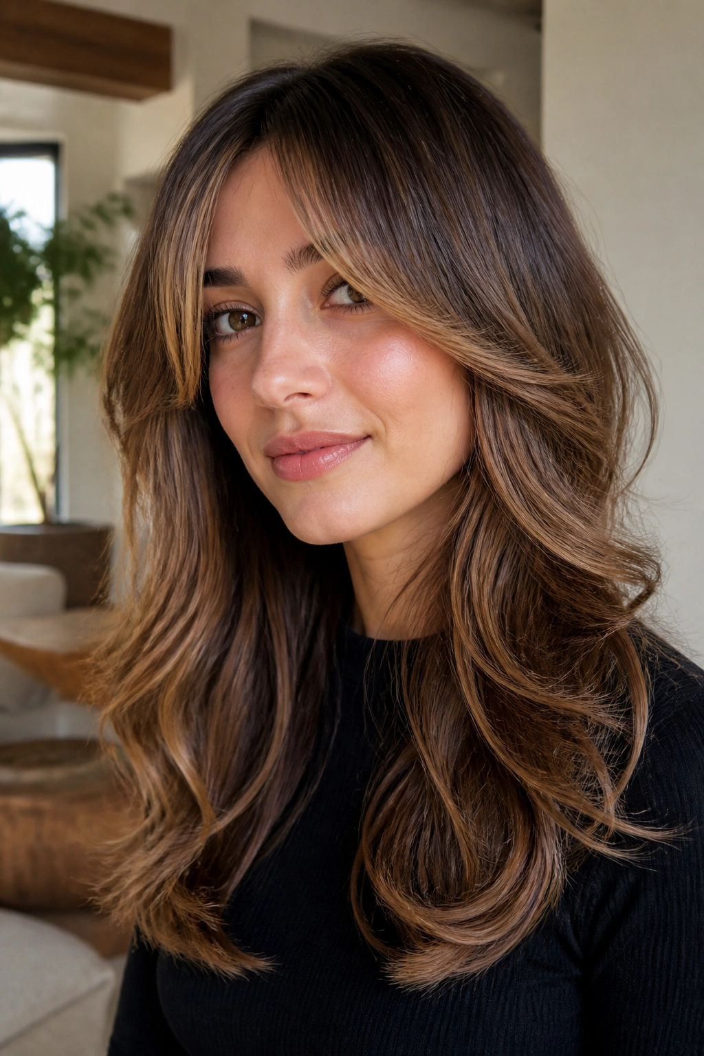 Portrait of a real woman with golden cocoa face frame and curtain bangs