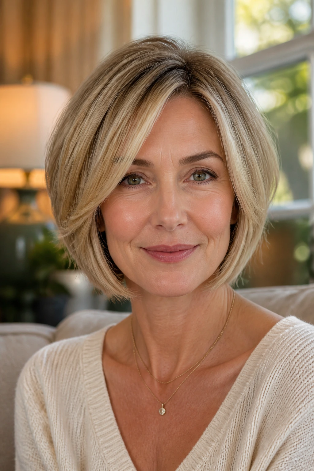 Portrait of a real woman with face-framing stacked bob around the jaw.