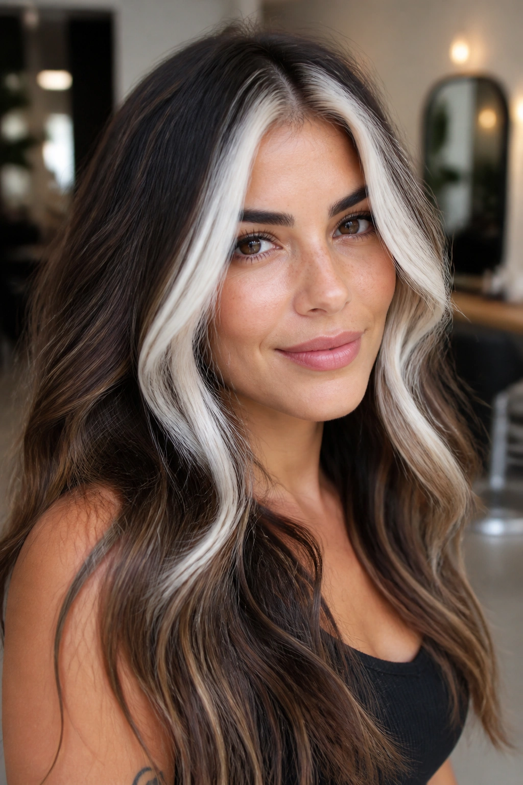 Close-up of a real woman with a bright white face frame and dimensional brunette lengths