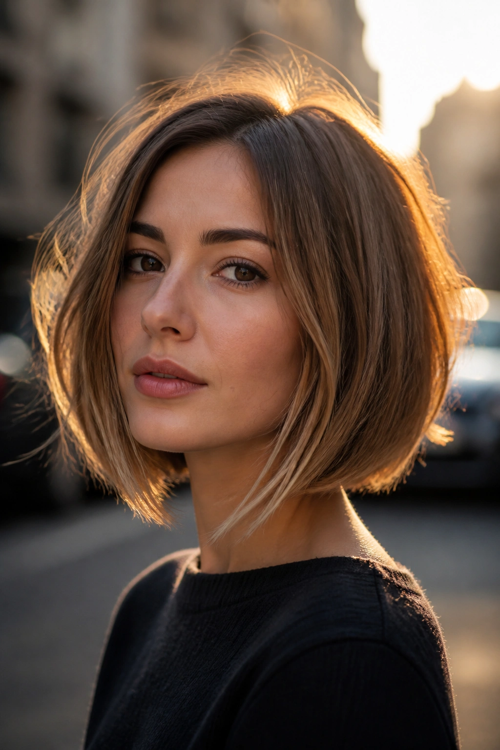 Close-up portrait of a real woman with a face-framing angled bob, longer front pieces.