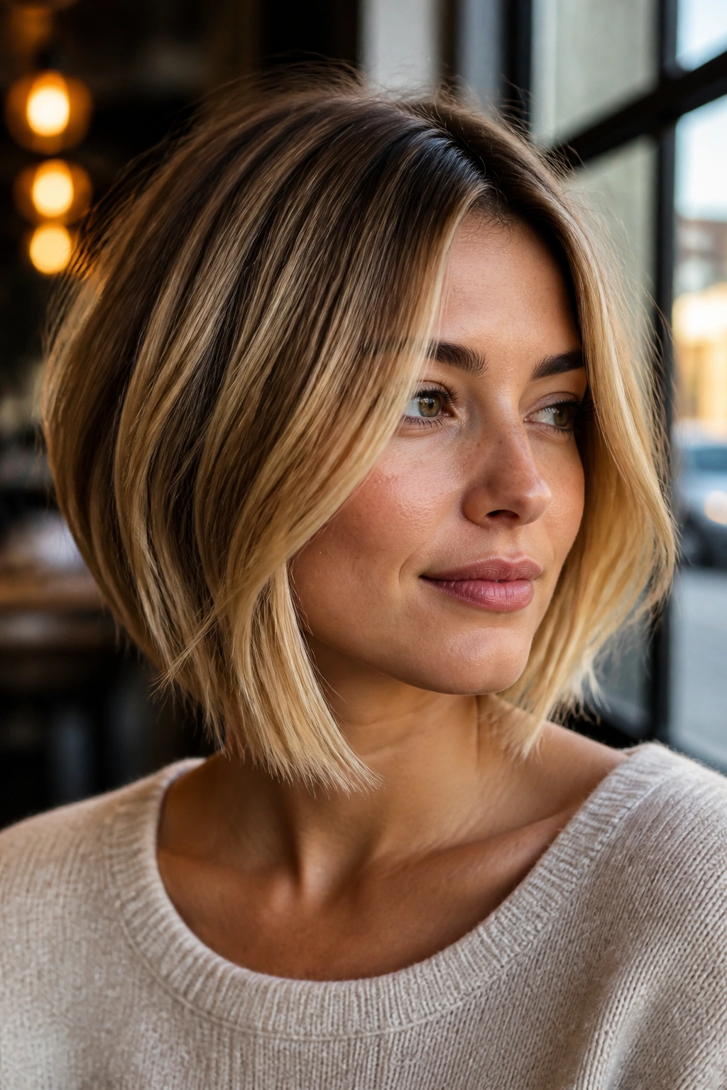 Real woman with a face-framing angled bob in honey-beige blonde tones.