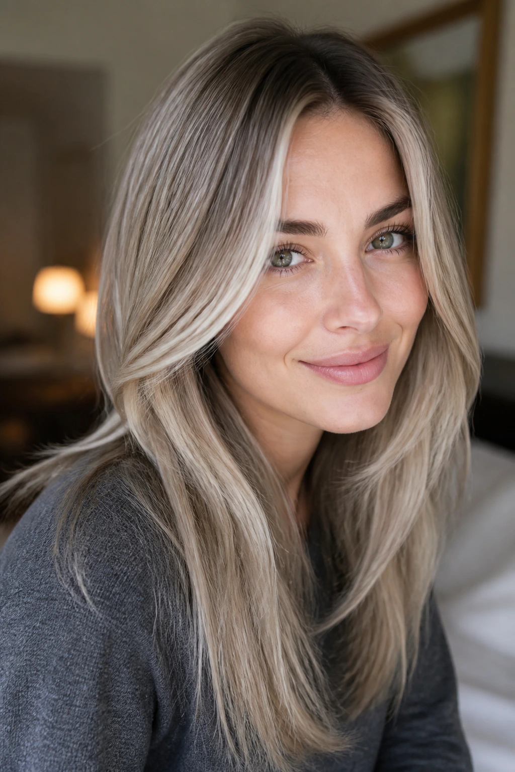 Close-up portrait of a real woman with face-framing ash blonde layers.