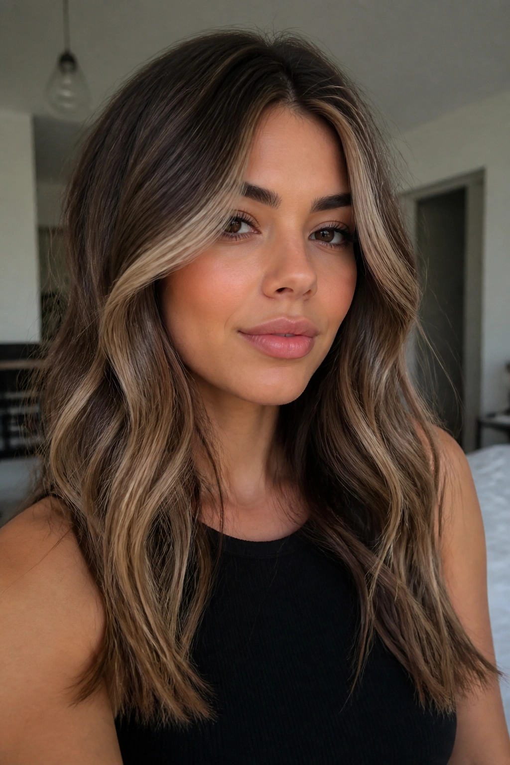 Close-up of brunette with beige ash face-framing ribbons around the face