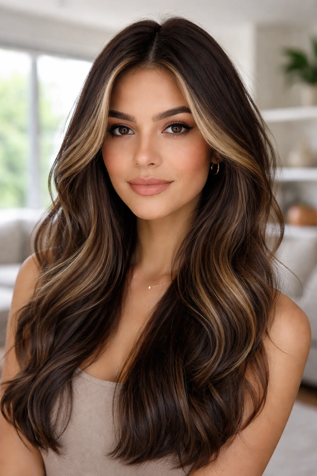 Brunette woman with face-framing balayage lighter tones around the face
