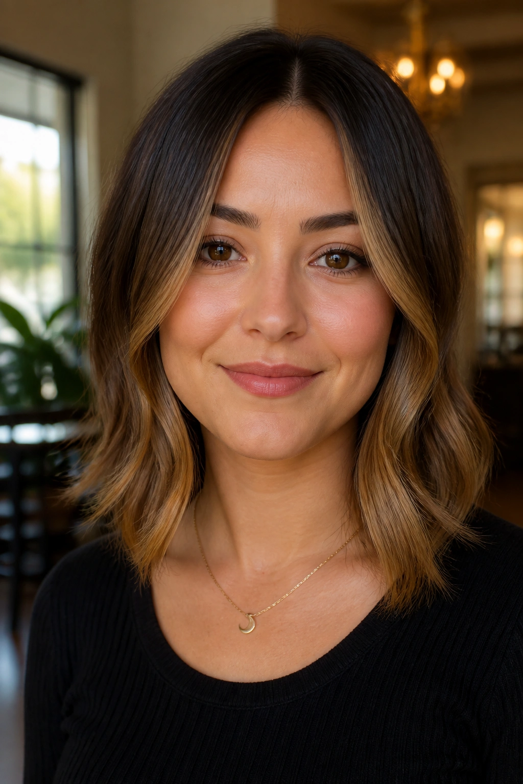 Real woman with caramel face-framing balayage starting below the chin in natural light