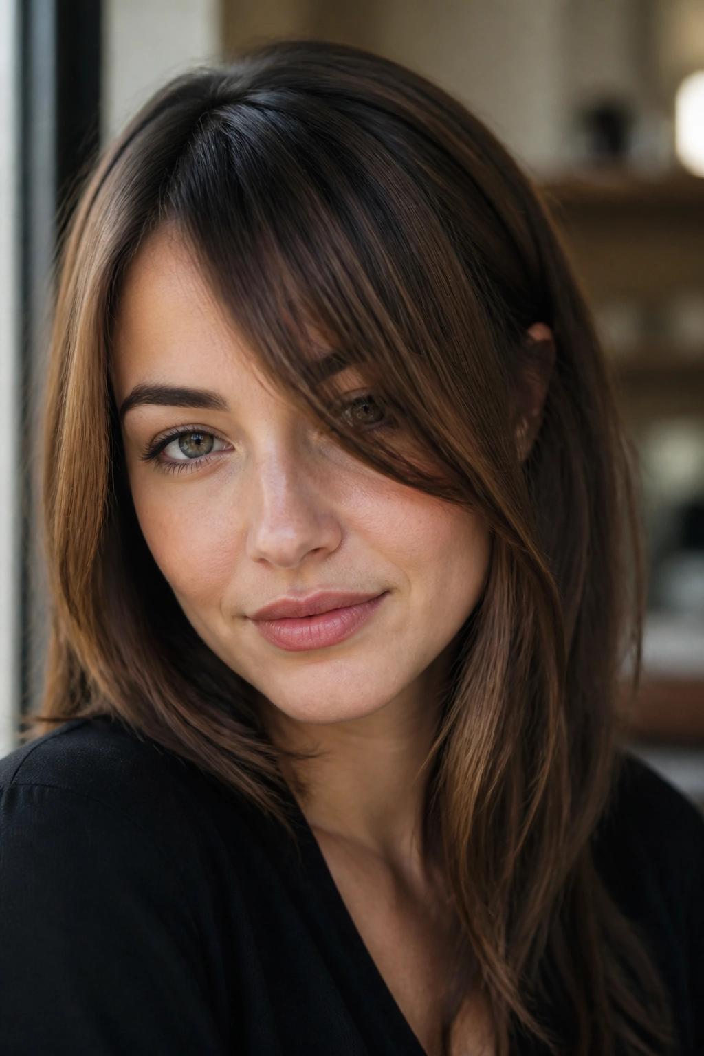 Close-up portrait of a real woman with off-center face-framing bangs forming a longer eye-line.