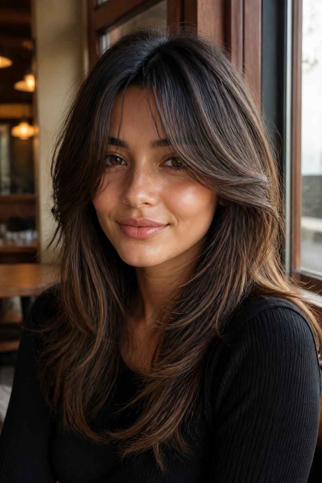 Medium close-up of a real woman with long curtain bangs and face-framing layers in cafe light