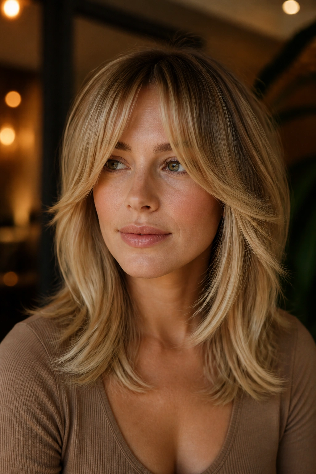 Portrait of a real woman with face-framing bangs blended into layers