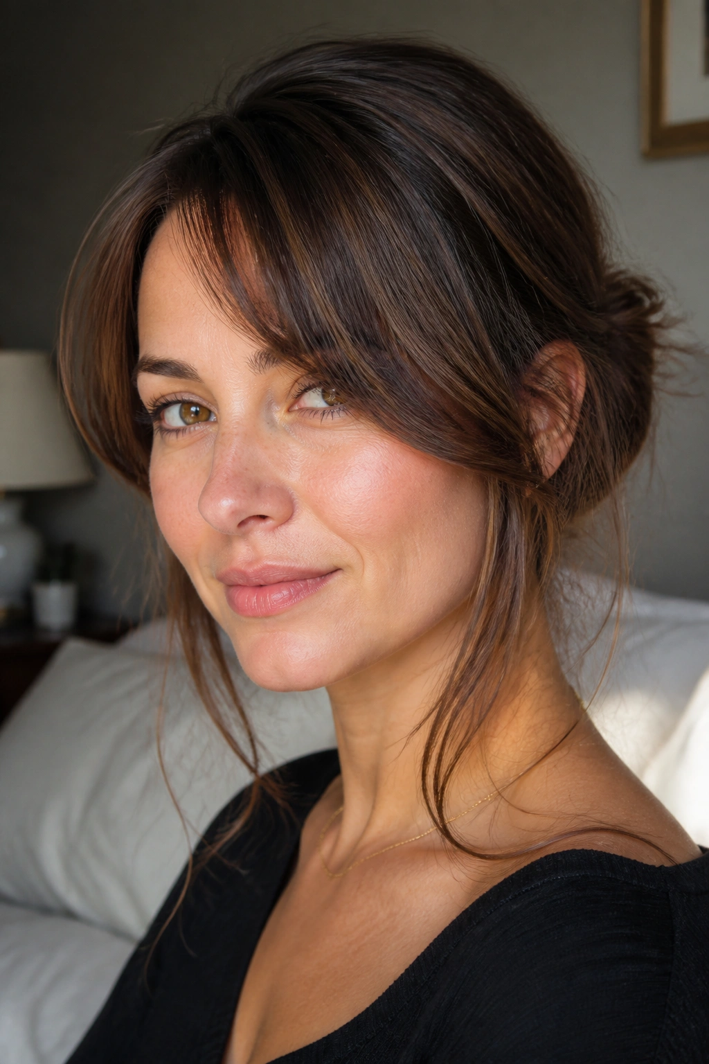 Close-up real-woman portrait with cheekbone-starting face-framing bangs in soft window light
