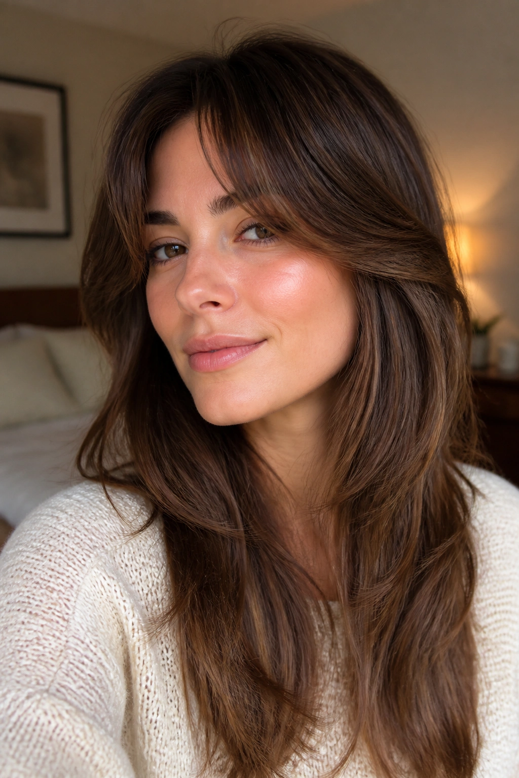 Close-up portrait of a real woman with face-framing bangs blending into layers in brunette tones, warm window light.