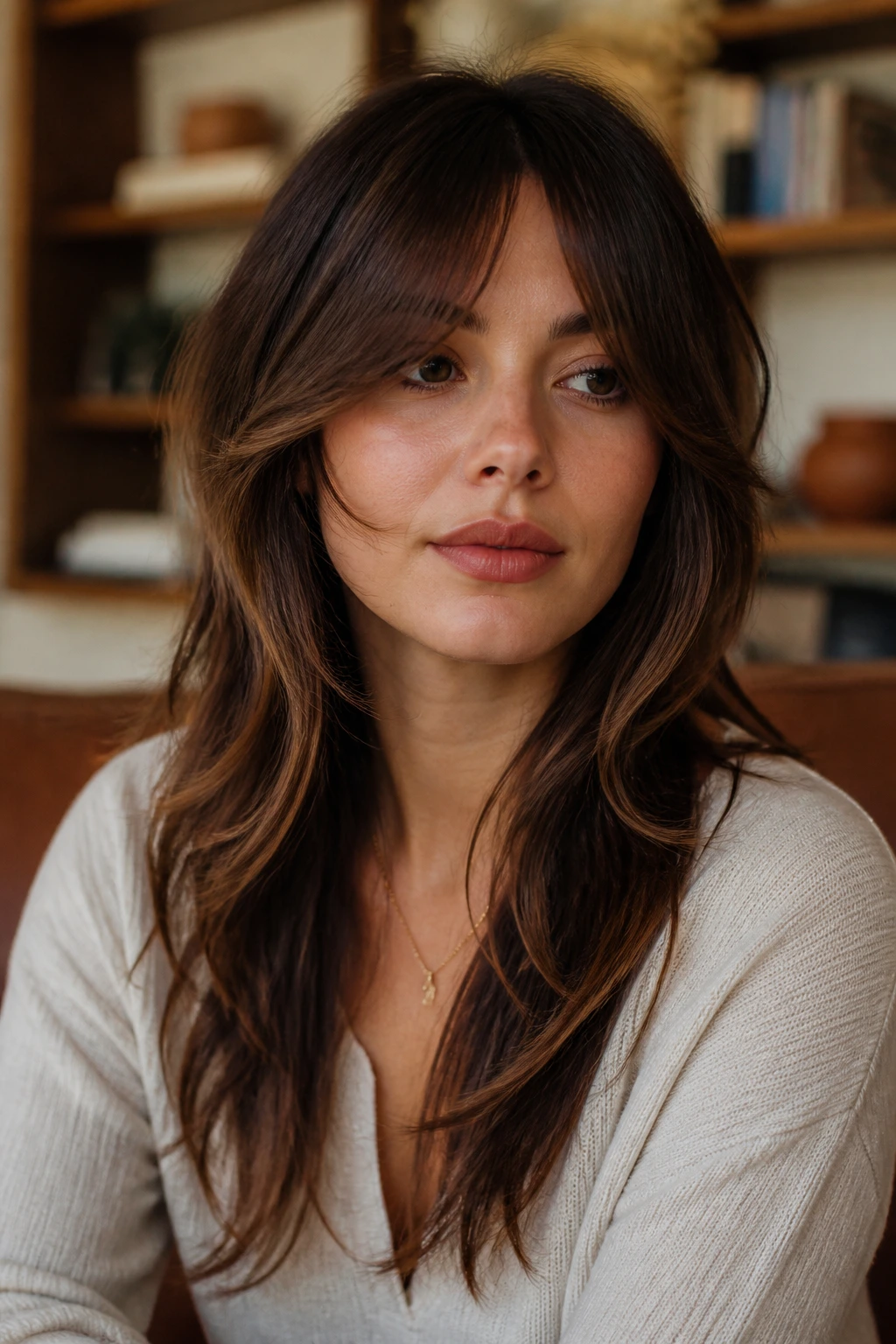 Close-up of a real woman with front bangs melting into layers for a seamless frame