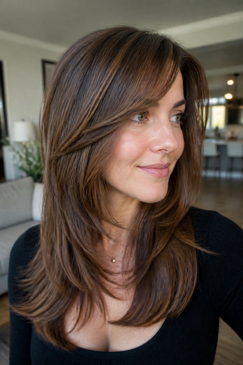 Portrait of a real woman with bangs merging into layered front pieces.